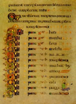 book of Kells 200 r, Genealogie Christi, Lukas 3,22-26: facta est tu es filius meus dilectus