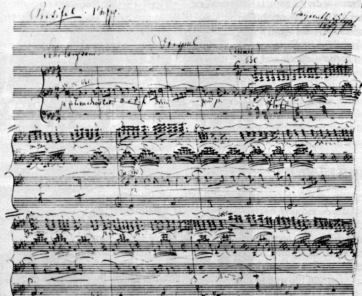 Richard Wagners Skizze des Vorspiels zu Parsifal, 1.Aufzug: Nehmet hin meinen Leib, nehmet hin mein Blut, um unserer Liebe willen. Schwebende Dreiklangsimmanenz der Melodie zwischen Tonika (Dur) und oberer groer Mediante (Moll), chromatisch-weich vermittelt durch die auf- und abwogenden Streicherglissandi und die impressionistisch getupften Holzblserakkorde des gleichfalls schwebenden Ausklangs