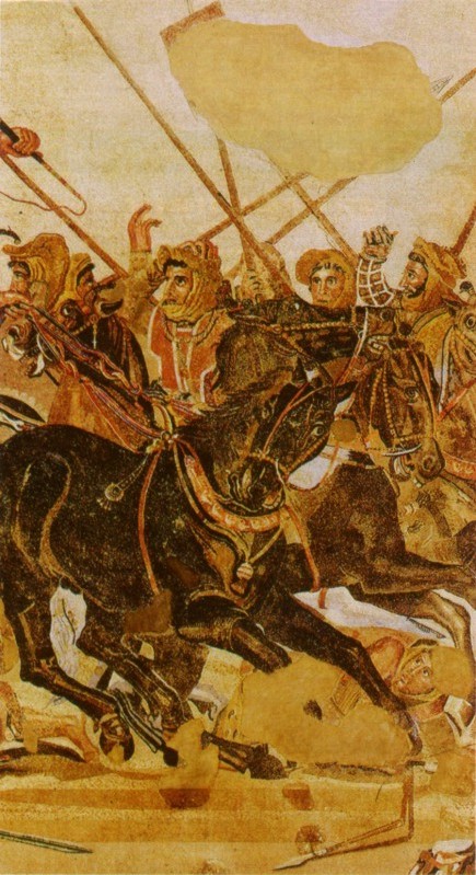 rechts: Pferde des Dareios-Wagens; die Perser, fassungslos, wenden sich zur Flucht