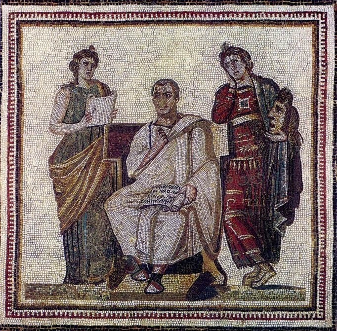 Publius Vergilius Maro zwischen den Musen der Geschichtsschreibung (Klio) und der Tragödiendichtung (Melpomene), aus Sousse