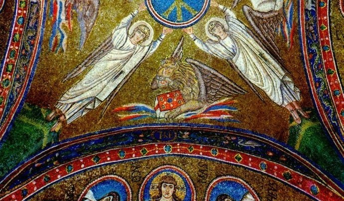 vgl. mit den Evangelisten-Symbolen im Evangeliar von Kells (book of Kells) 129 v