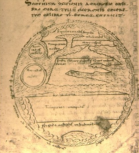 Zonen-Weltkarte zu Macrobius (5.Jhd.), Kommentar zu Ciceros Somnium Scipionis, französisches Manuskript des 12. Jahrhunderts n.Chr.