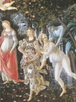 Botticelli: Primavera. In der Mitte Venus, links Merkur und die drei Grazien, rechts die Frühlingsgöttin und der Zephyr
